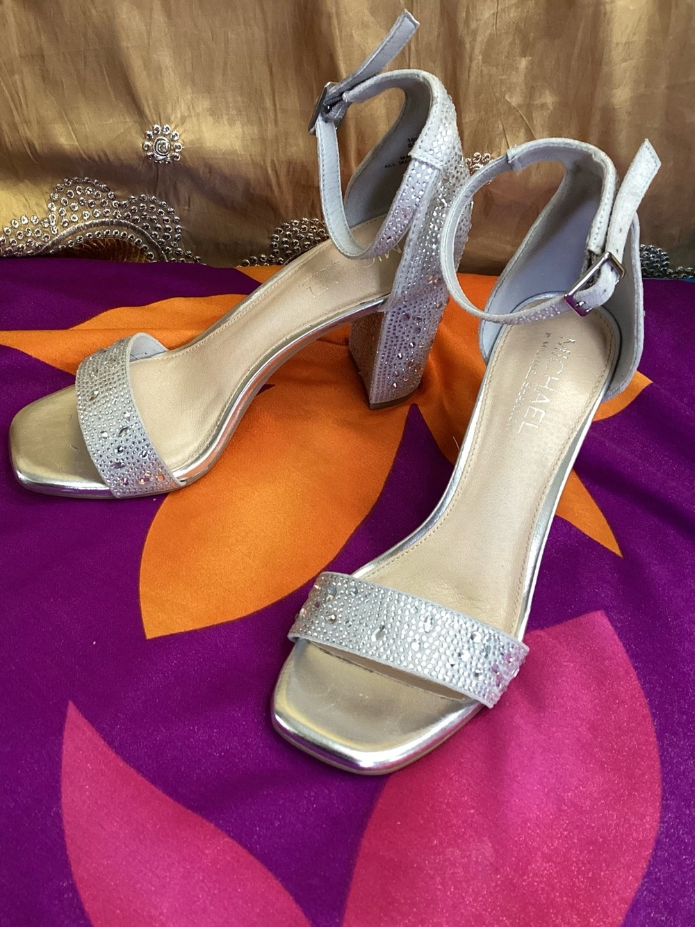 Michael Shannon Silver Crystal Block-Heel Sandals 8M